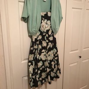 Black floral strap dress/ matching sweater vest